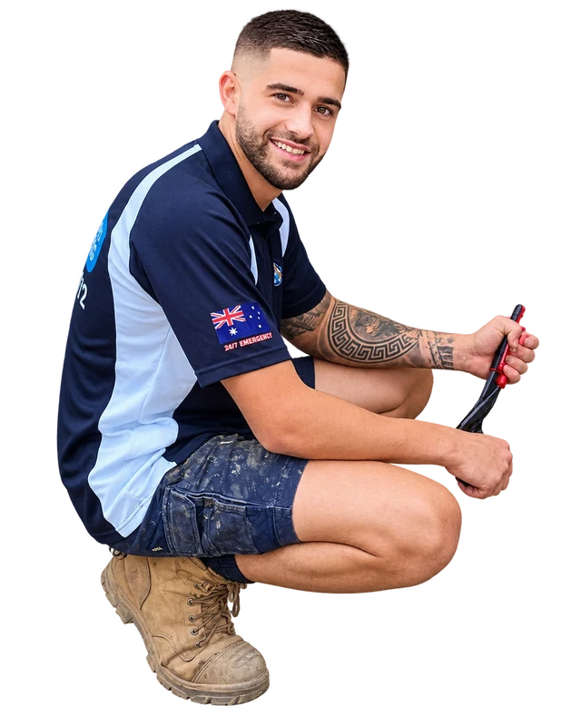 An Aussie Oncall Plumbing plumber crouched with a wrench